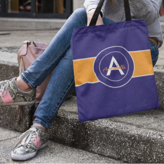 Oranje en blauw monogram op maat tote bag