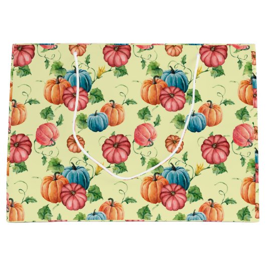 Oranje en blauw pompoenpatroon groot cadeauzakje (Voorkant)