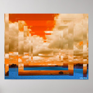 Oranje en blauw vierkant Poster 14 x 11 inch