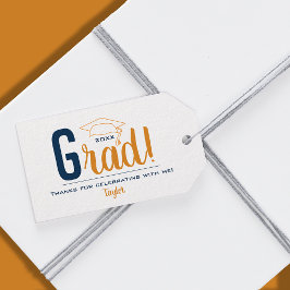 Oranje en blauwe afstudeerhoed feestfavoriet cadeaulabel