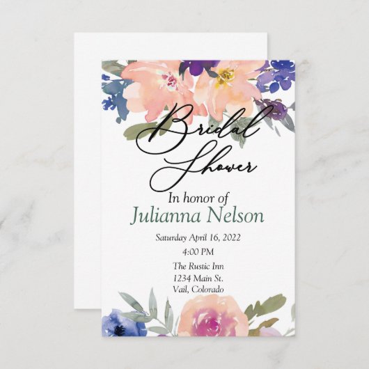 Oranje en blauwe aquarel bloemen uitnodiging (Voorkant / Achterkant)