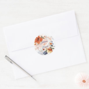 Oranje en blauwe aquarel herfst bloemige trouw  ronde sticker