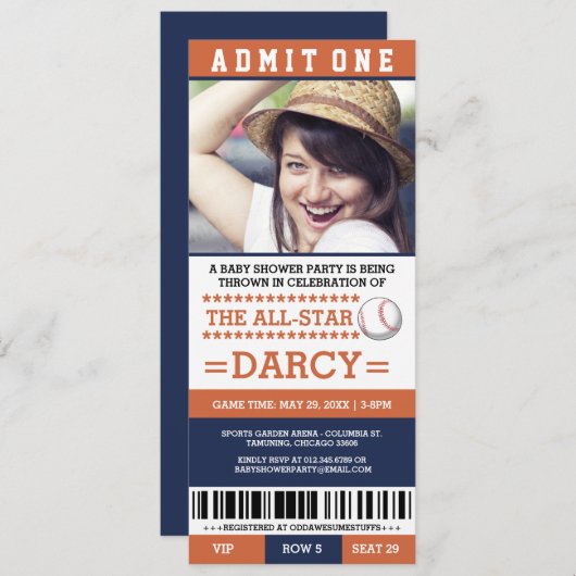 Oranje en blauwe Baseball Baby shower Partij nodig Kaart (Voorkant / Achterkant)