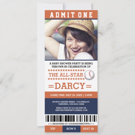 Oranje en blauwe Baseball Baby shower Partij nodig Kaart (Voorkant)