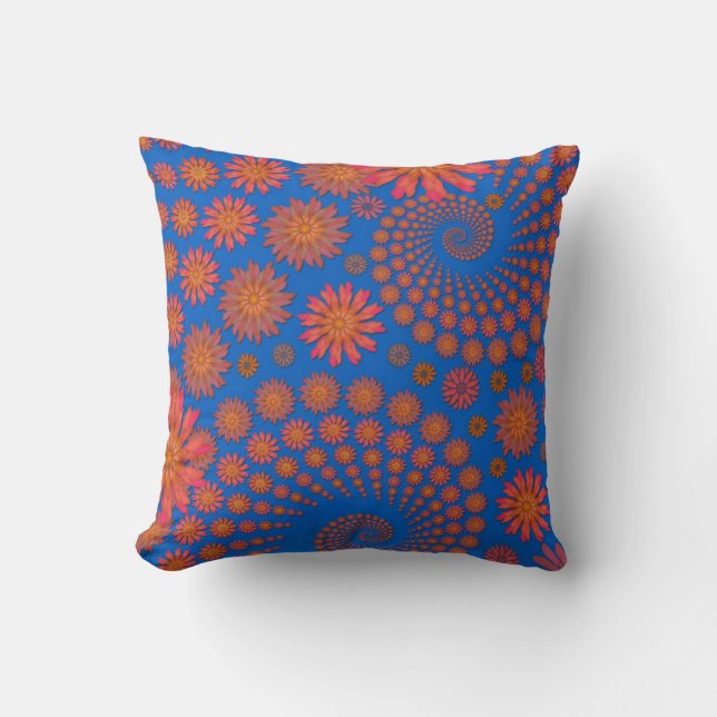 Oranje en Blauwe Bloem Ontwerp Kussen (Voorkant)