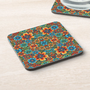 Oranje en blauwe bloemen bier onderzetter