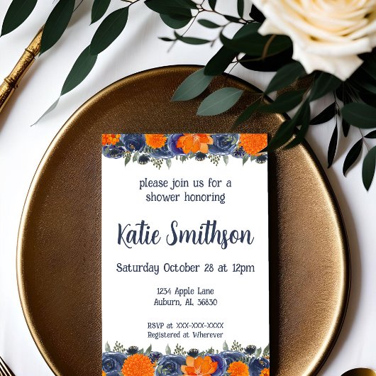 Oranje en blauwe bloemige uitnodiging voor een bru