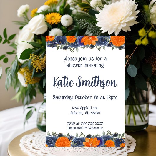 Oranje en blauwe bloemige uitnodiging voor een bru