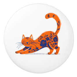 Oranje en Blauwe Bloemstuk Kat Deurtrekker Keramische Knop