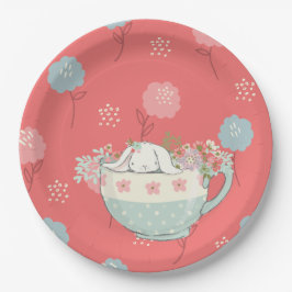 Oranje en blauwe Bunny in een Teacup Flowers Papieren Bordje