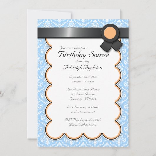 Oranje en blauwe Damask Birthday Soiree Uitnodigin Kaart (Voorkant)