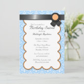 Oranje en blauwe Damask Birthday Soiree Uitnodigin Kaart (Staand voorkant)