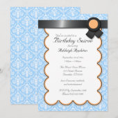 Oranje en blauwe Damask Birthday Soiree Uitnodigin Kaart (Voorkant / Achterkant)