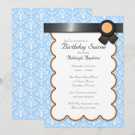 Oranje en blauwe Damask Birthday Soiree Uitnodigin Kaart (Voorkant / Achterkant)