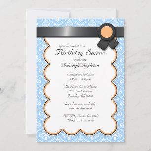 Oranje en blauwe Damask Birthday Soiree Uitnodigin Kaart