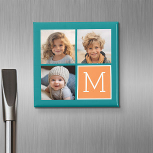 Oranje en Blauwe Fotocollage Monogram Magneet