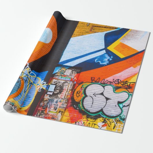 Oranje en blauwe graffiti cadeaupapier (Uitgerold)