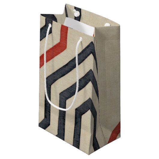 Oranje en blauwe grafische lijnen klein cadeauzakje (Voorkant Gekanteld)