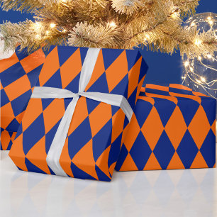 Oranje en Blauwe Harlekijn Geruite Ontwerp Cadeaupapier