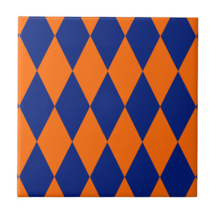 Oranje en Blauwe Harlekijn Geruite Ontwerp  Tegeltje