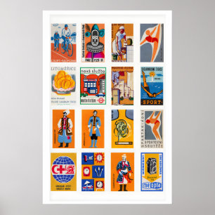Oranje en Blauwe Luciferdoosje Label Collage, hoog Poster