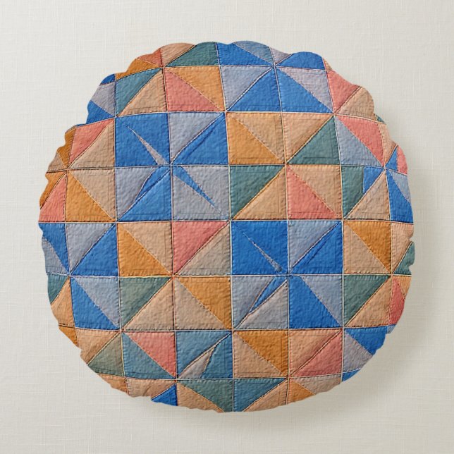 oranje en blauwe quilt rond kussen (Voorkant)