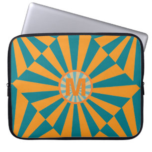 Oranje en Blauwe Retro Zonnestraal Koel Monogram Laptop Sleeve