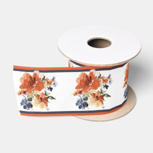 Oranje en blauwe waterverf bloemen satijnen lint