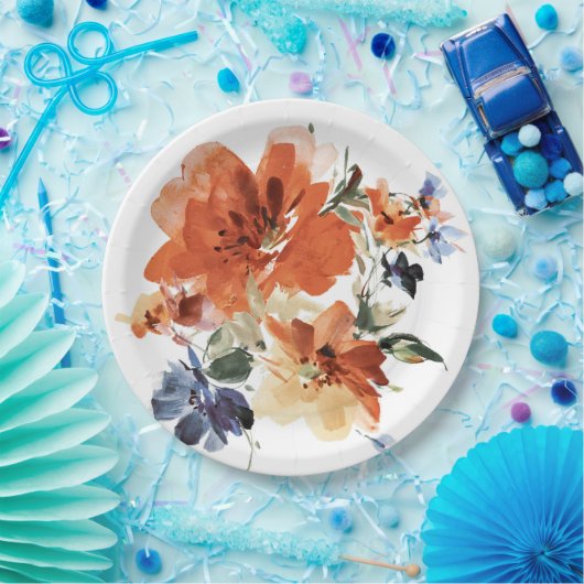 Oranje en blauwe waterverf floraal papieren bordje (Feest)