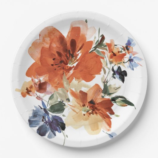 Oranje en blauwe waterverf floraal papieren bordje (Voorkant)