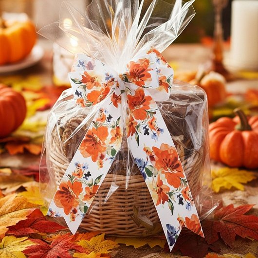 Oranje en blauwe waterverf floraal satijnen lint