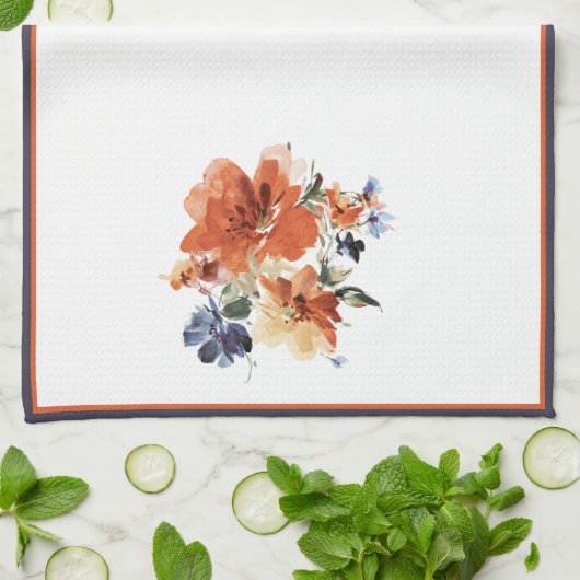 Oranje en blauwe waterverf floraal theedoek (Gevouwen)