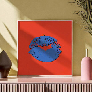 Oranje en Blauwe Zoenende Lippen Poster