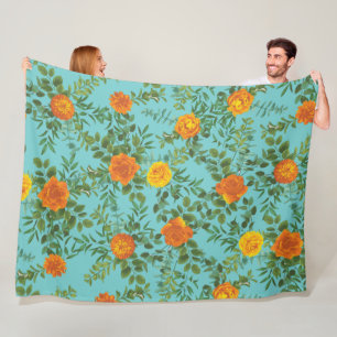 Oranje en Blauwgroen Aqua Peony en Roos Floral Wed Fleece Deken