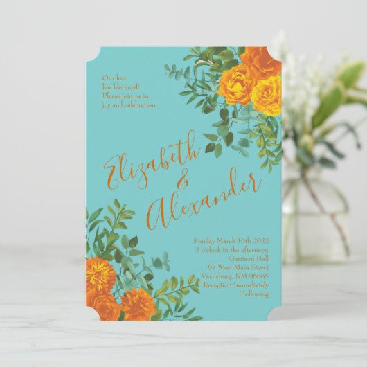 Oranje en Blauwgroen Aqua Peony en Roos Floral Wed Kaart (Staand voorkant)