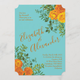 Oranje en Blauwgroen Aqua Peony en Roos Floral Wed Kaart