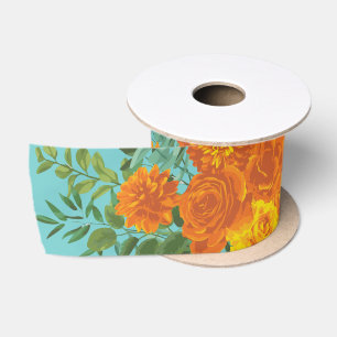 Oranje en Blauwgroen Aqua Peony en Roos Floral Wed Satijnen Lint