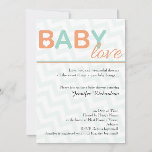 Oranje en Blauwgroen Baby Love Baby shower Invitat Kaart (Voorkant)