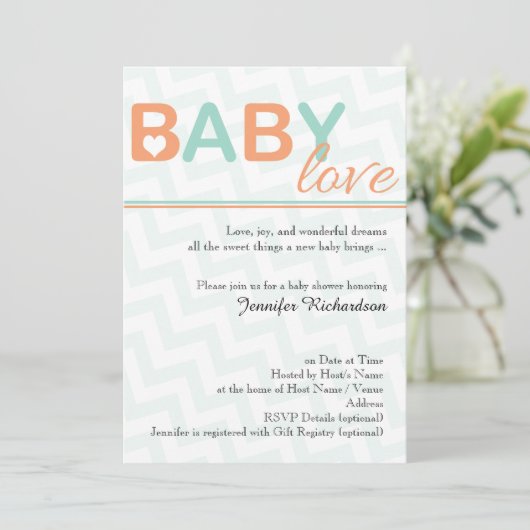 Oranje en Blauwgroen Baby Love Baby shower Invitat Kaart (Staand voorkant)