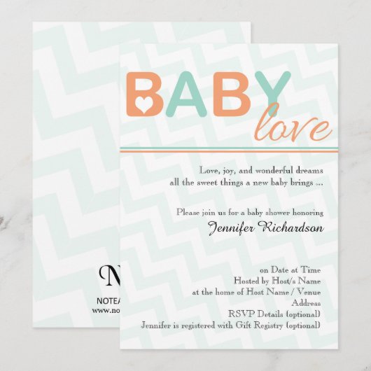 Oranje en Blauwgroen Baby Love Baby shower Invitat Kaart (Voorkant / Achterkant)