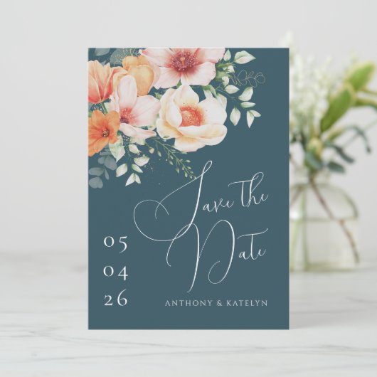 Oranje en Blauwgroen blauwe peach Save The Date (Staand voorkant)