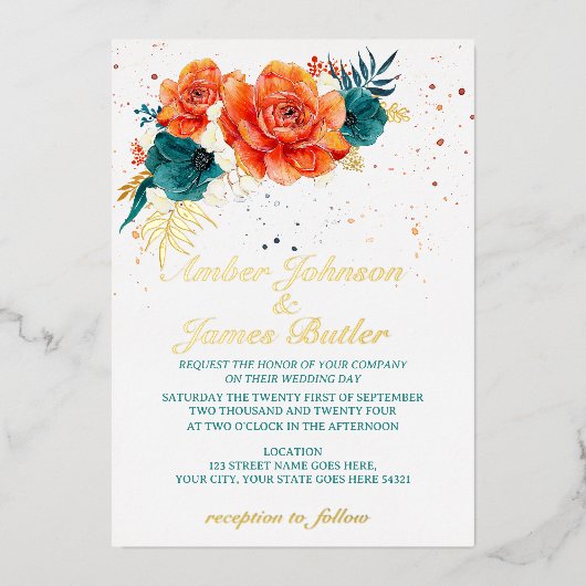 Oranje en Blauwgroen bloemenbruiloft Folie Uitnodiging (Voorkant)