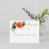 Oranje en Blauwgroen Bloemenbruiloft RSVP Folie Uitnodiging Briefkaart (Staand Voorkant)