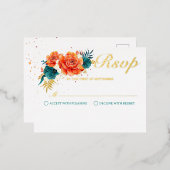 Oranje en Blauwgroen Bloemenbruiloft RSVP Folie Uitnodiging Briefkaart (Voorkant / Achterkant)