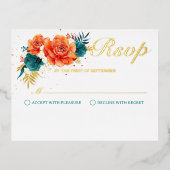 Oranje en Blauwgroen Bloemenbruiloft RSVP Folie Uitnodiging Briefkaart (Voorkant)
