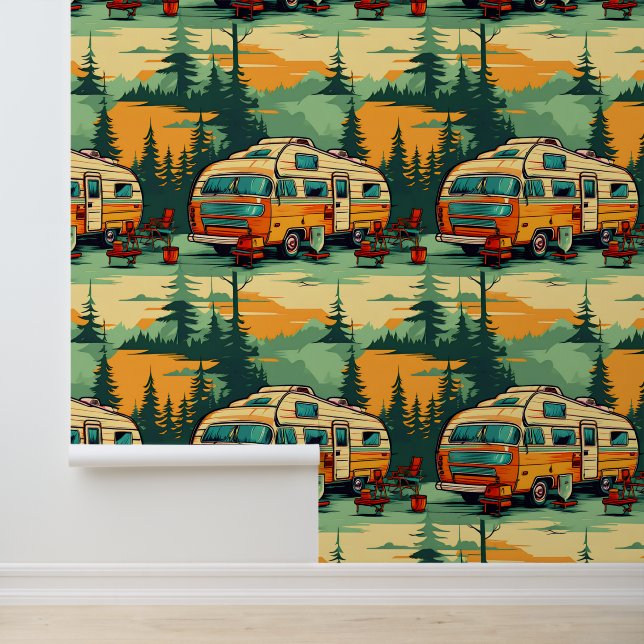 Oranje en Blauwgroen Blue Retro Campers Behang (Applicatie)