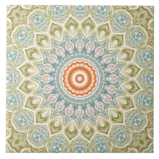 Oranje en Blauwgroen Mandala Patroon met gouden ac Tegeltje (Voorkant)