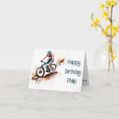 oranje en blauwgroen MTB fietser Verjaardag Kaart (Gele Bloem)