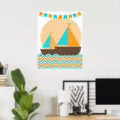 Oranje en Blauwgroen Nautical Sailboat Nursery Pos Poster (Thuiskantoor)
