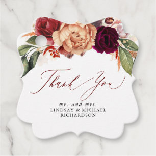 Oranje en bordeauxrode bloemige herfst bedankt bedankjes labels